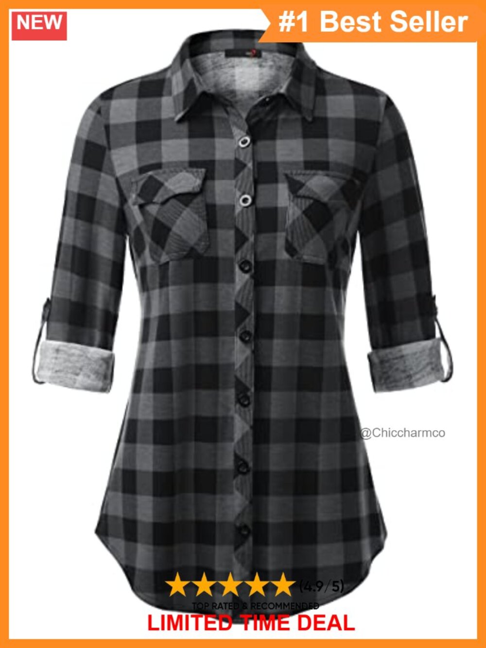 Women's Soft Stretchy Knit Plaid Button Down Blouse Roll Up Long Sleeve